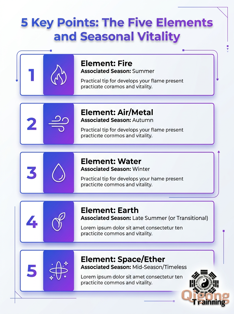 Infographic: The Five Elements and Seasonal Vitality — 5 Key Points illustrating elemental cycles and seasonal balance.