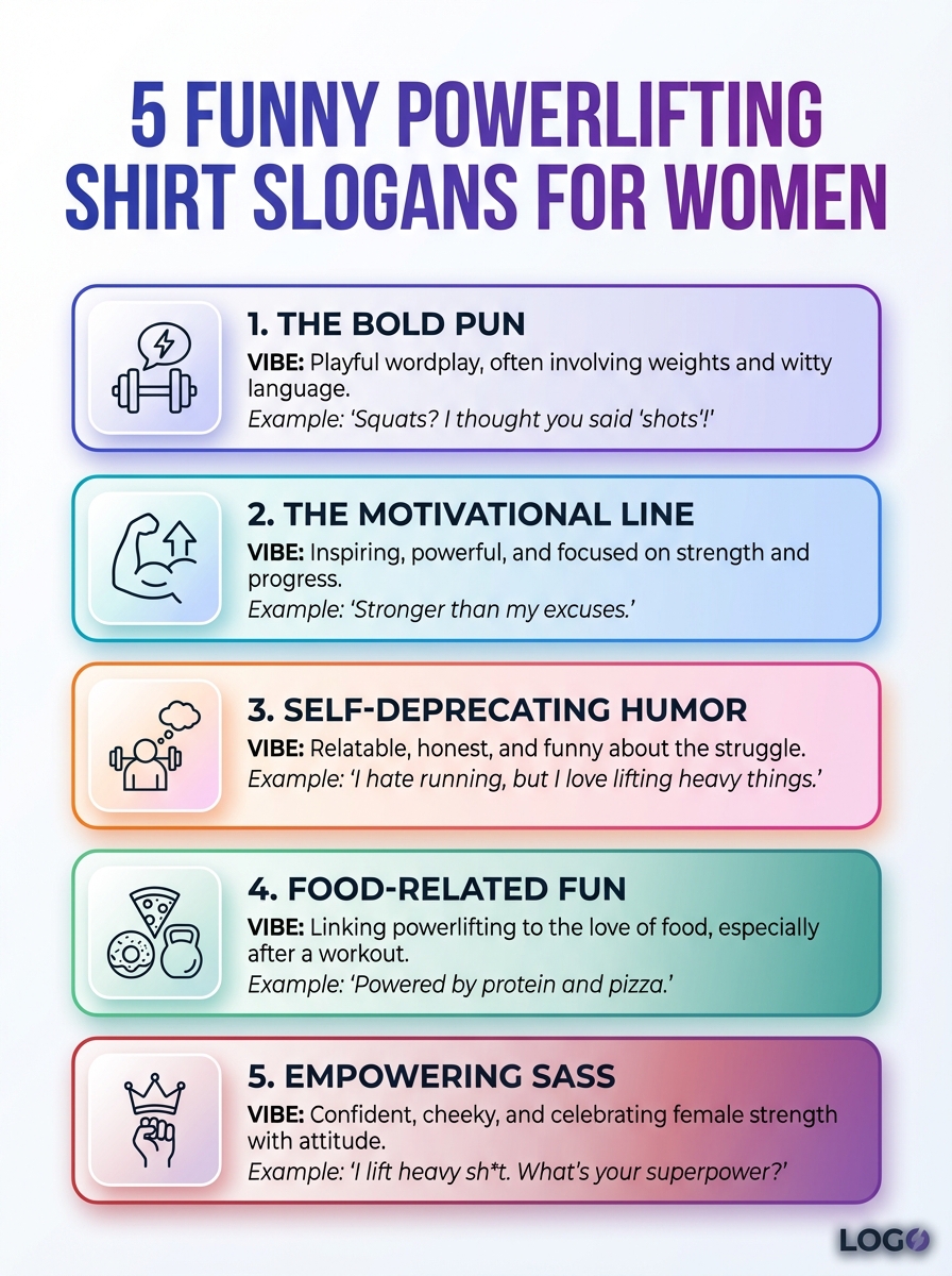 Infographic showing 5 funny powerlifting shirts for women slogans.