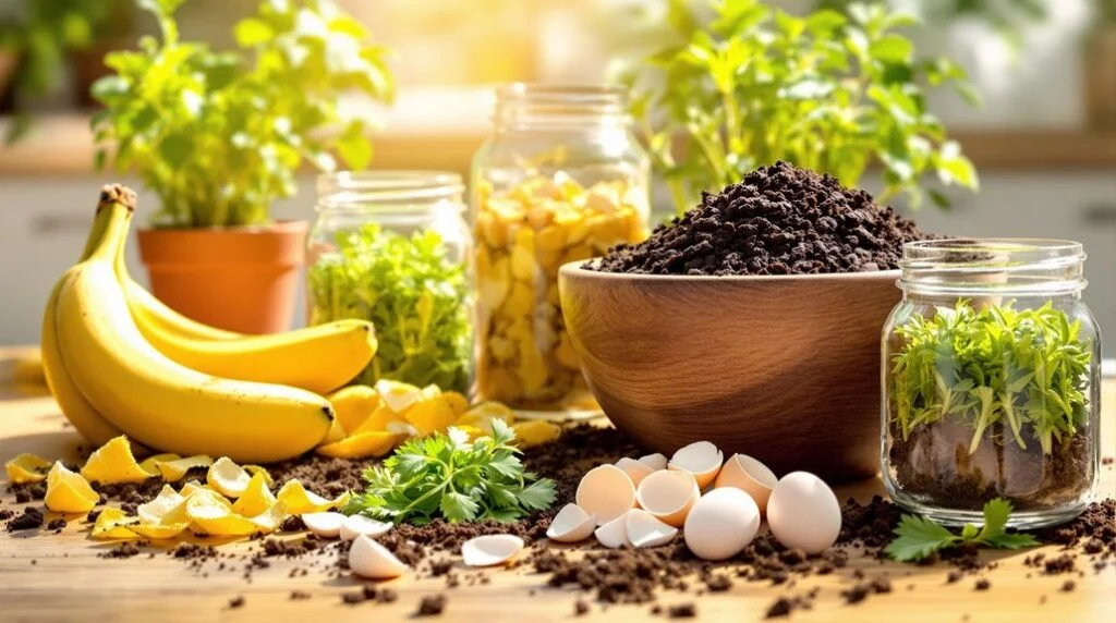 Compost, kitchen scraps, seedlings, and jars for homemade plant feed