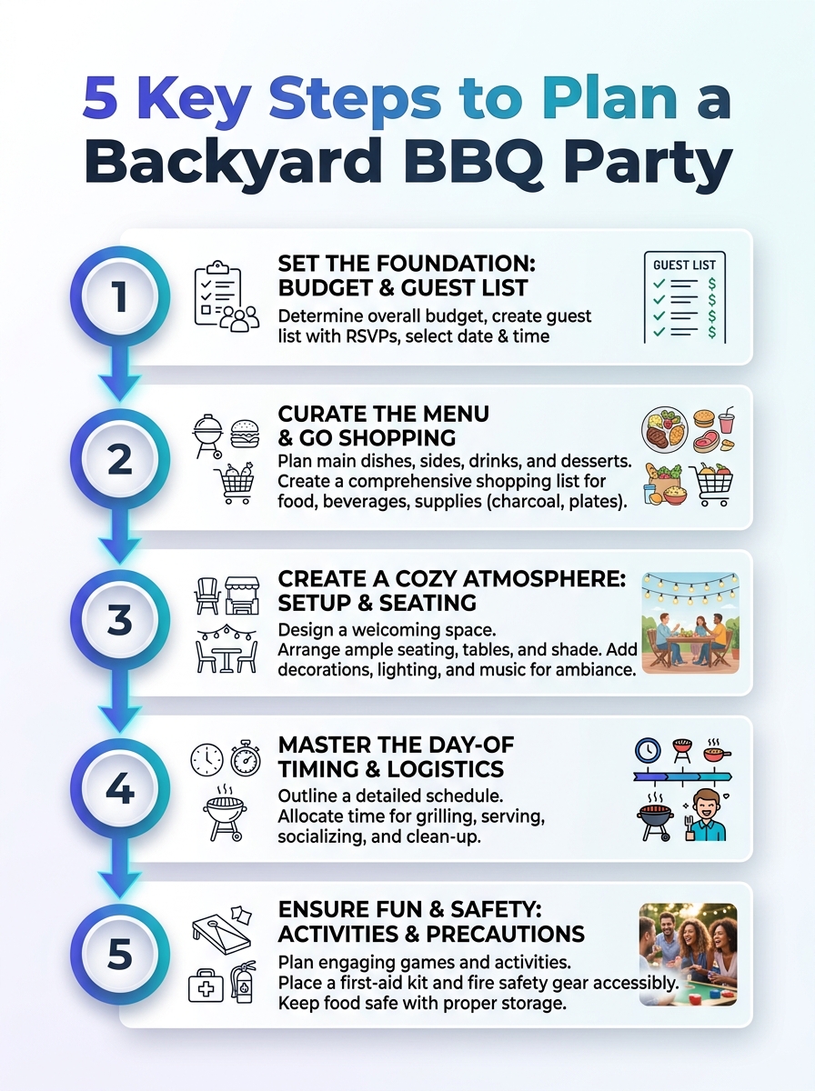 Infographic: 5 key steps to plan a Backyard BBQ Party — Backyard BBQ Party Planning Guide.