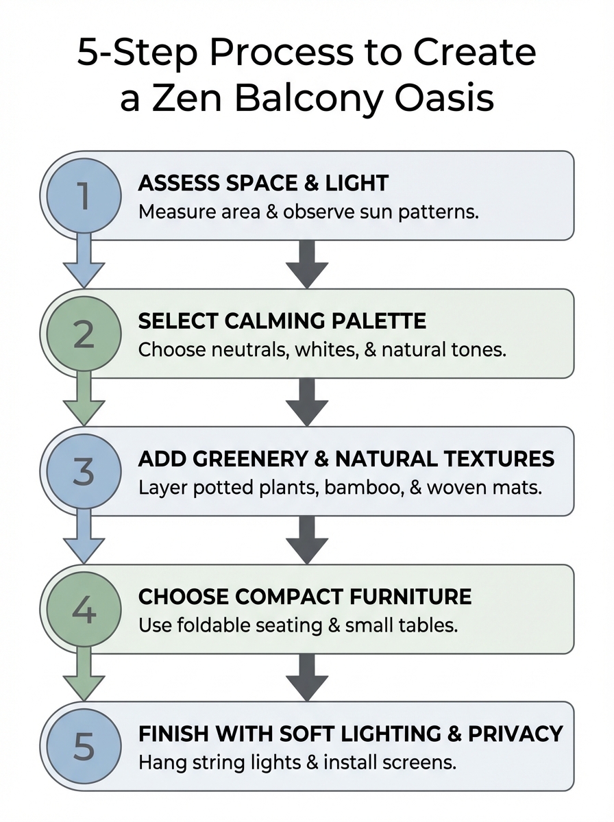 Apartment Zen: proceso de 5 pasos para crear un oasis tranquilo de balcón exterior en balcones y terrazas urbanas.