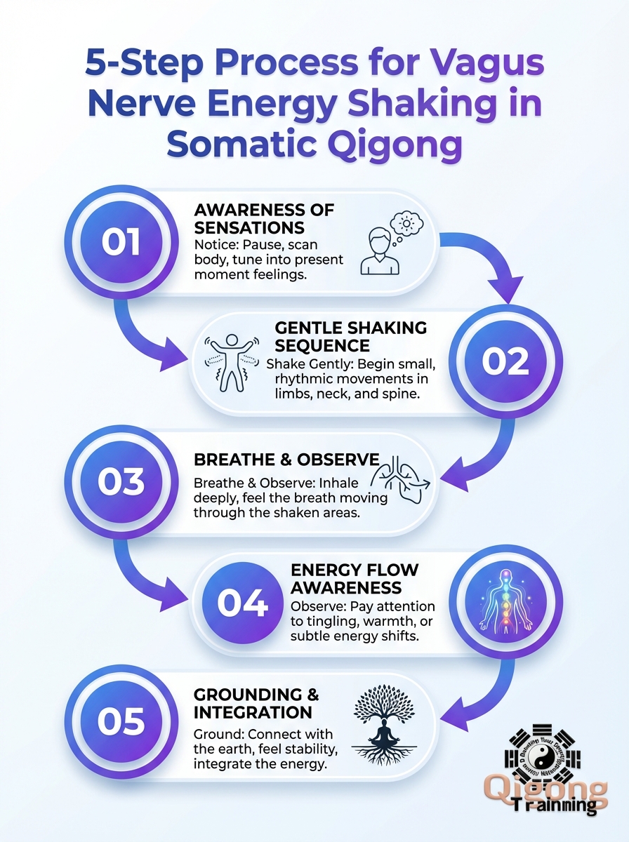 5-step infographic showing Vagus Nerve Energy Shaking in Somatic Qigong.