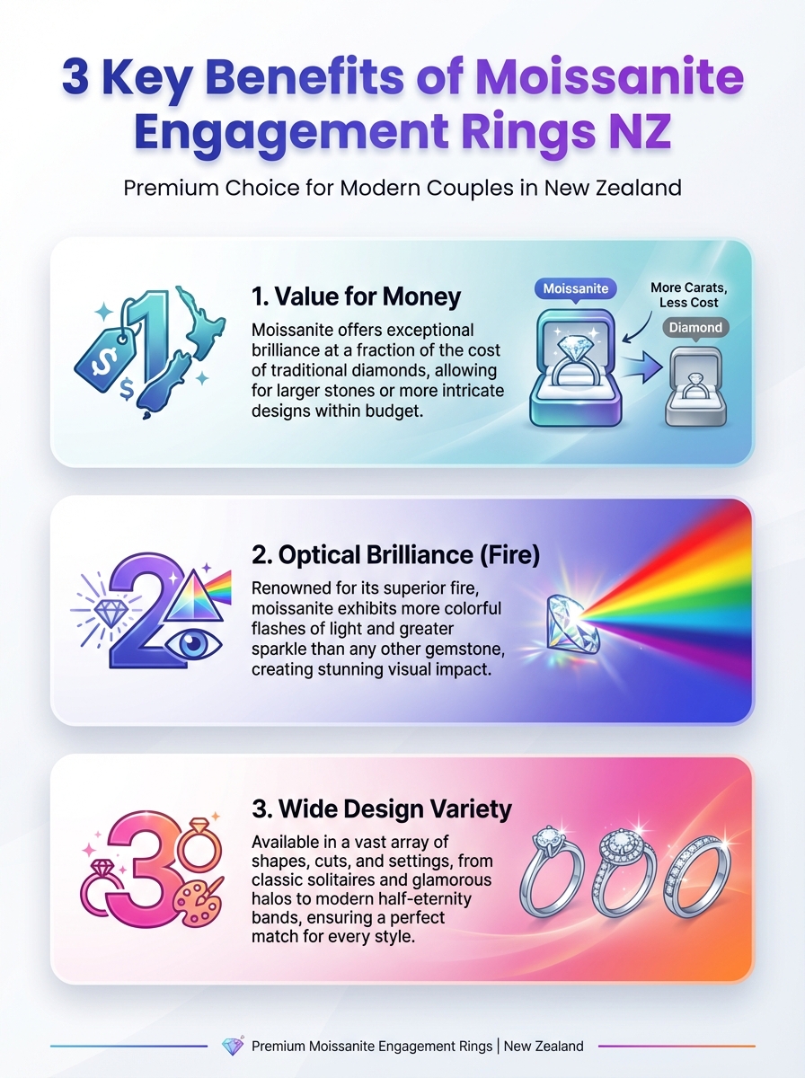 Infographic showing 3 key benefits of moissanite engagement rings NZ