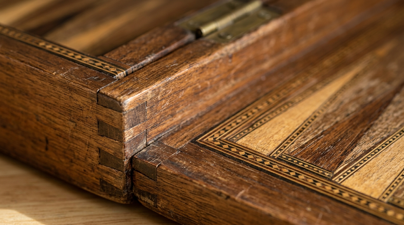 A wooden backgammon board closed and stored between games