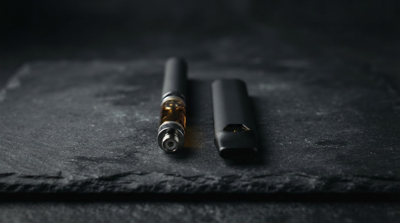 A cannabis vape cartridge and a single-piece disposable vape rest side by side on dark stone, sharply lit against a charcoal