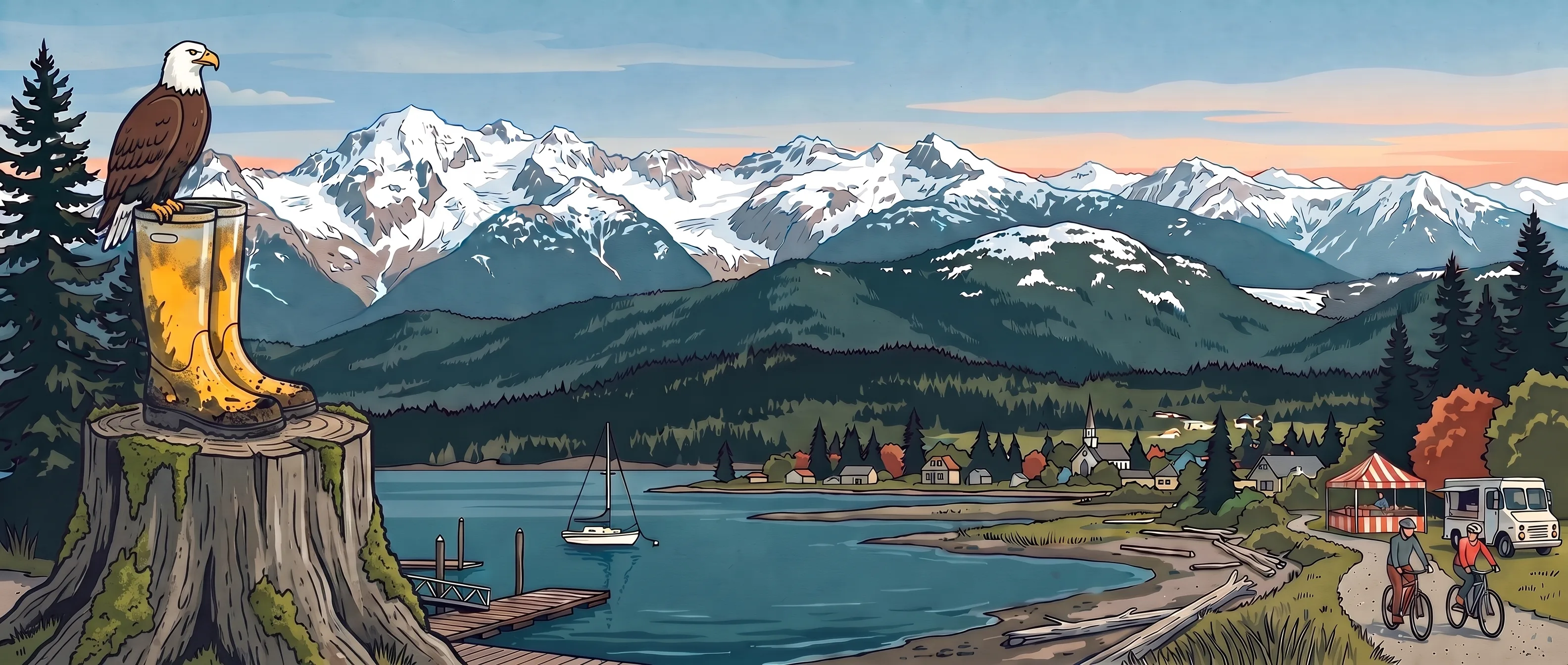 Comox Valley marina and coastline near local farm country