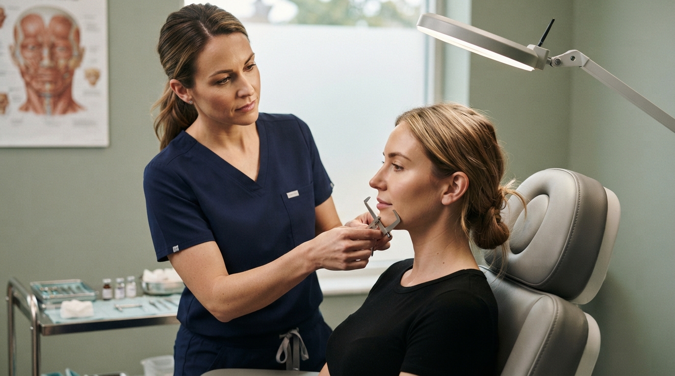 A practitioner studies an adult patient's profile beside an examination lamp in a quiet treatment room, assessing cheek and