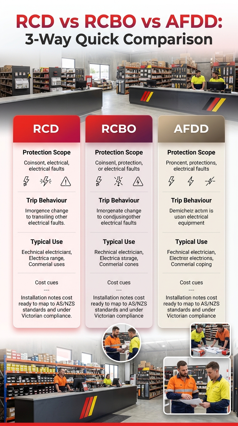 RCD vs RCBO vs AFDD: 3-way quick comparison of electrical protection devices (RCD, RCBO, AFDD).
