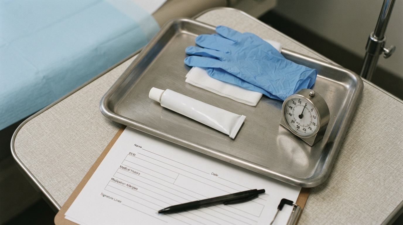 Overhead close-up of an unbranded cream tube, disposable gloves, a timer, and a blank patient form arranged on a stainless