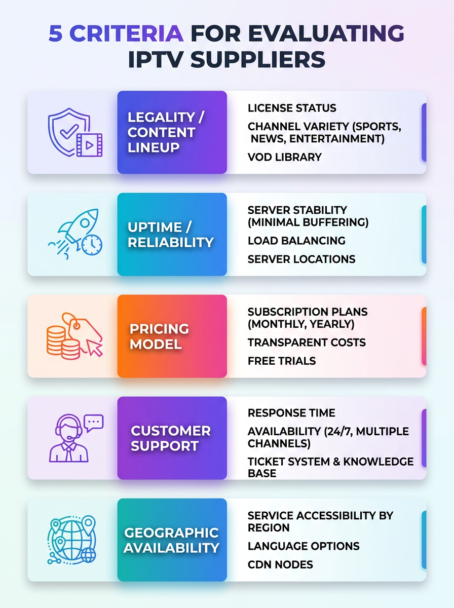 Infographic showing five criteria for evaluating IPTV suppliers: reliability, licensing, pricing, support, and SLAs.