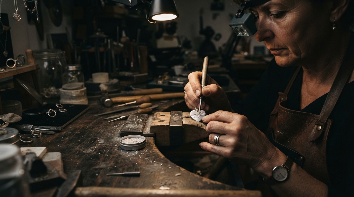A jeweler carefully engraves a small silver charm at a workbench, with tools and metal shavings sharply lit against a