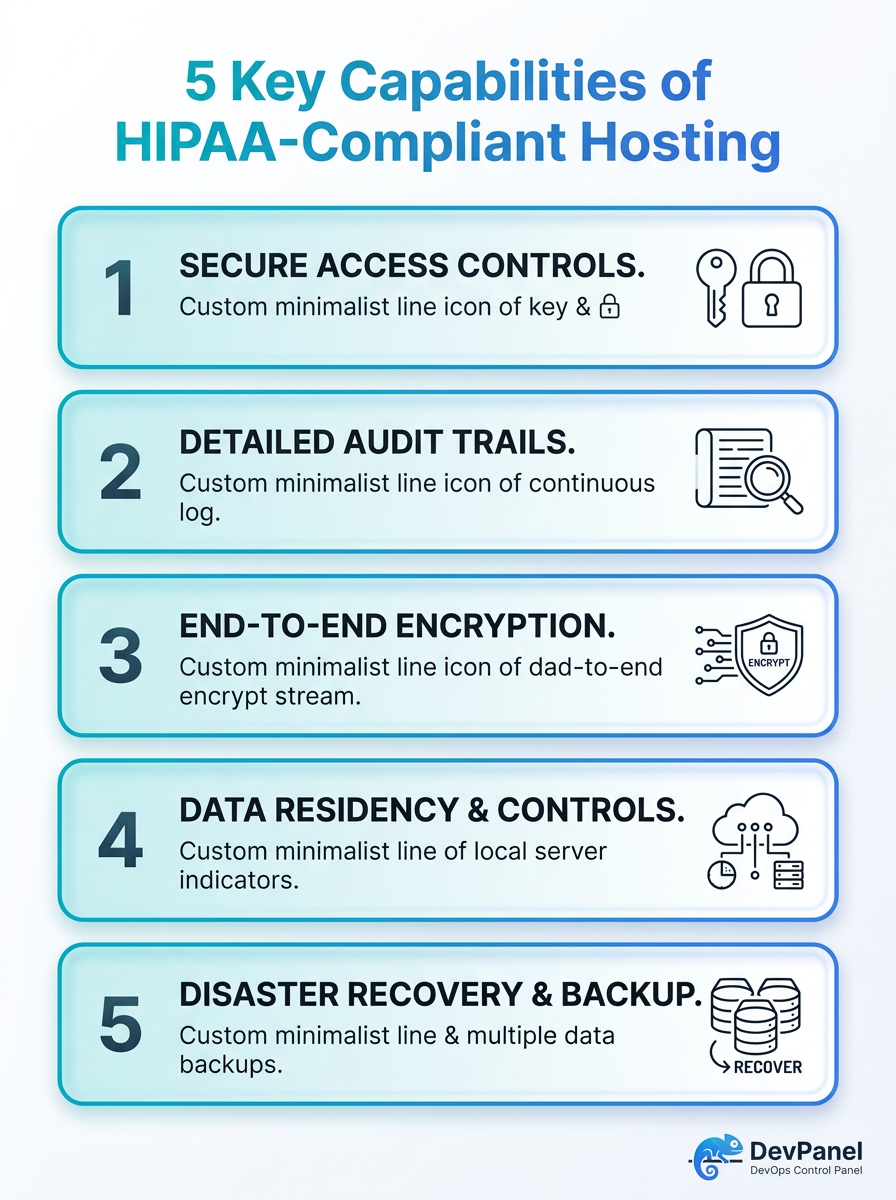 HIPAA-compliant hosting infographic: visualizing 5 key capabilities for secure, compliant hosting.