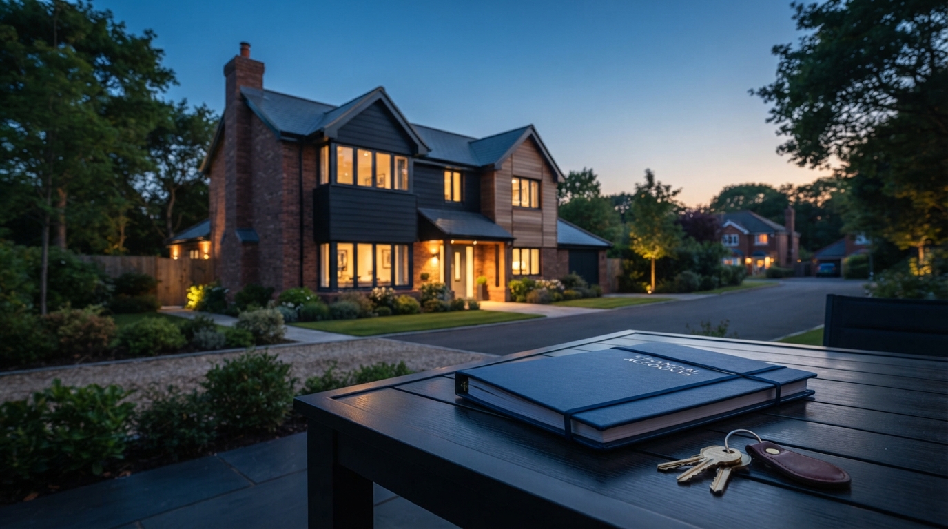 A wide view of a contemporary British home at dusk, with a closed financial folder and keys on a foreground table suggesting