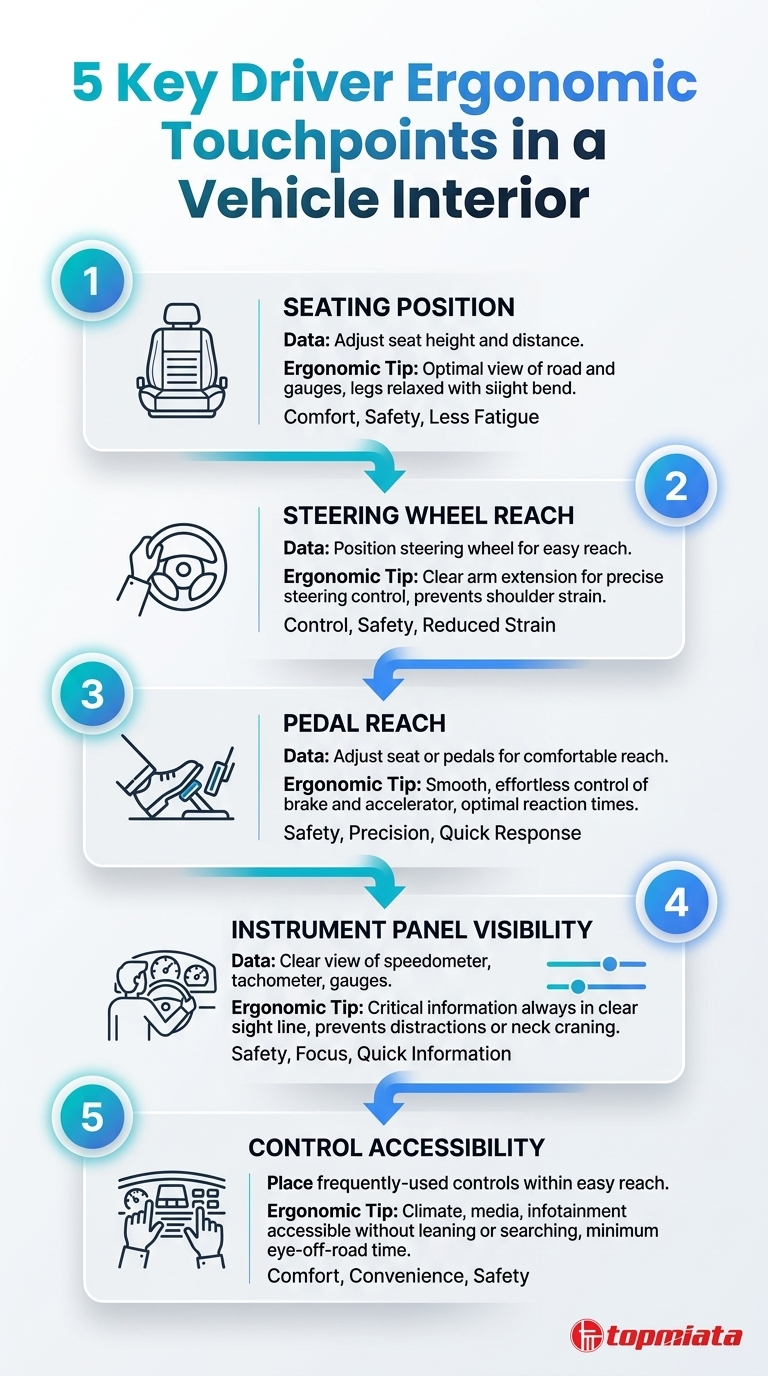 Infographic illustrating 5 key interior ergonomics and driver touchpoints: seating, controls, steering, pedals, and visibility.