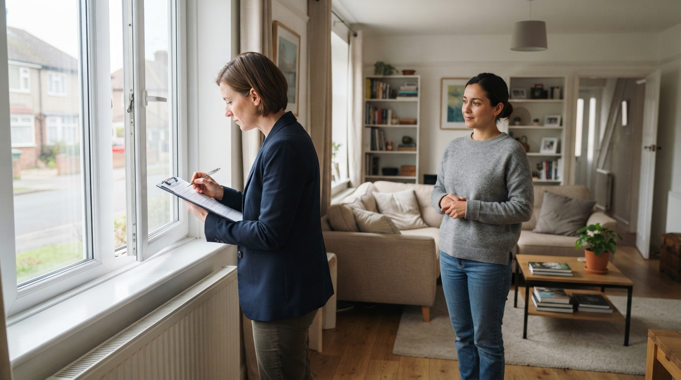 A wide view of a quiet rental living room during a scheduled inspection, with an inspector documenting a window and the