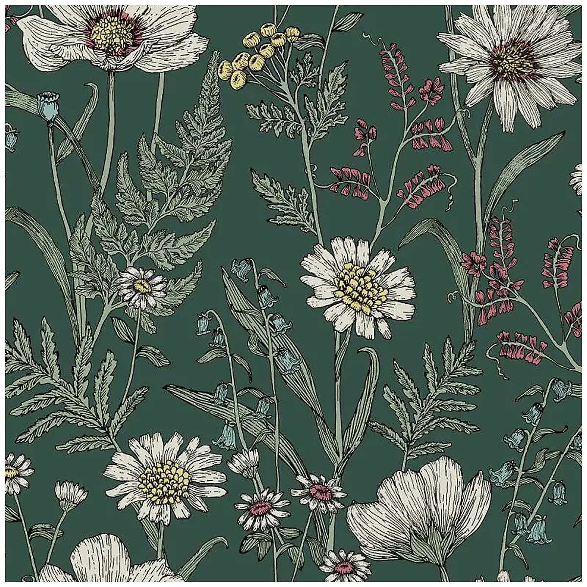 Wild Meadow Green Floral Wallpaper