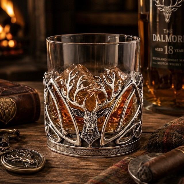 Luxury stag pewter whisky tumbler with openwork antler design