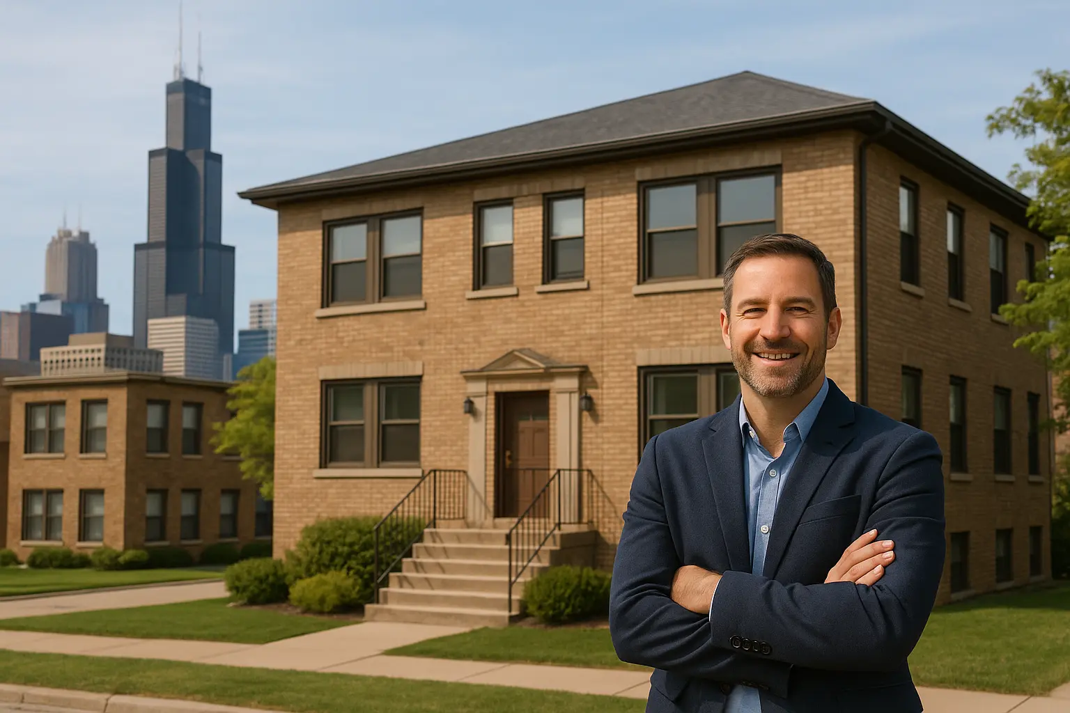 Real estate investor in front of a 4-unit multi-family property