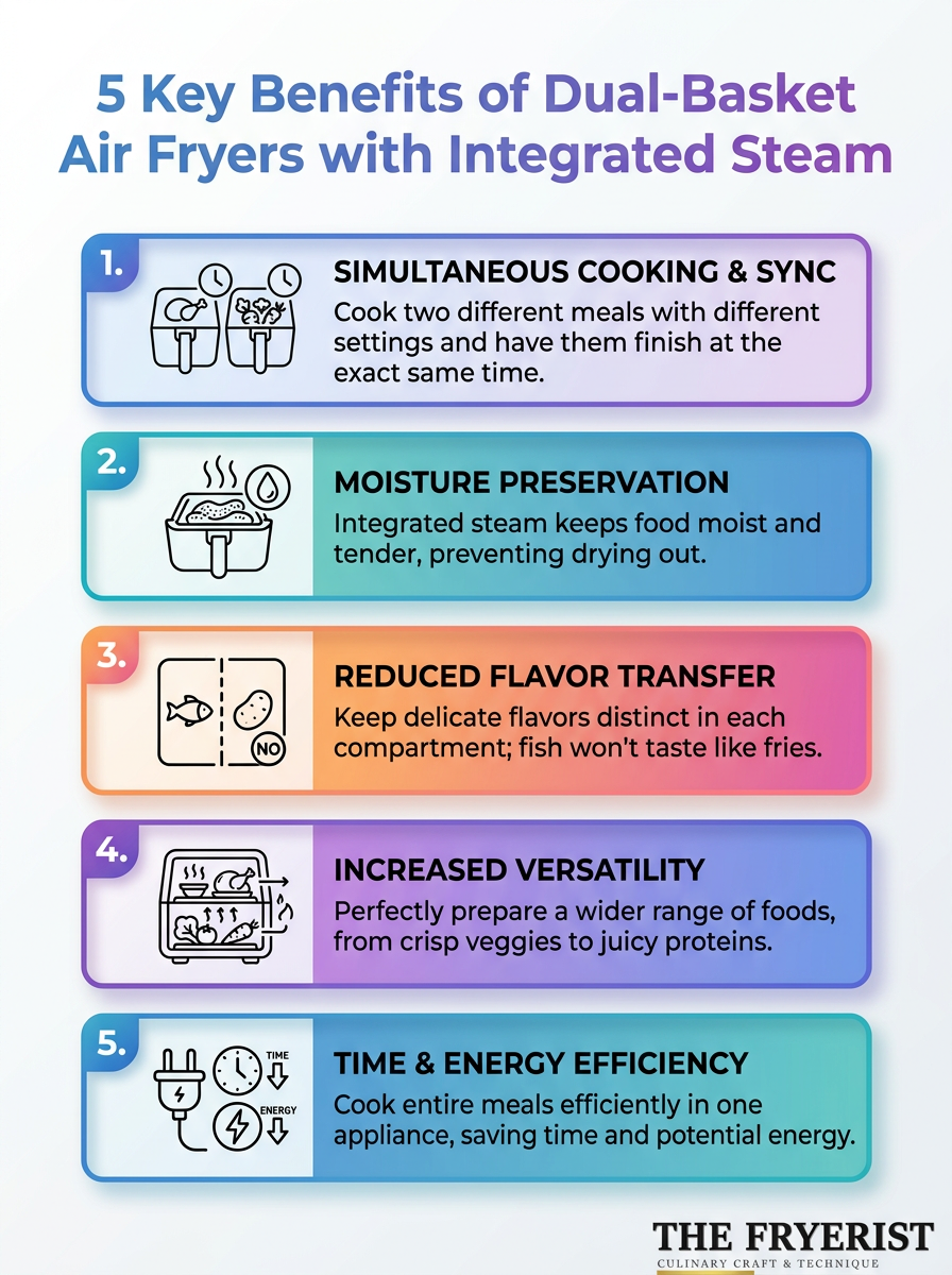 Infographic: 5 key benefits of dual-basket air fryers with integrated steam - two drawers that cook different items with synced times.