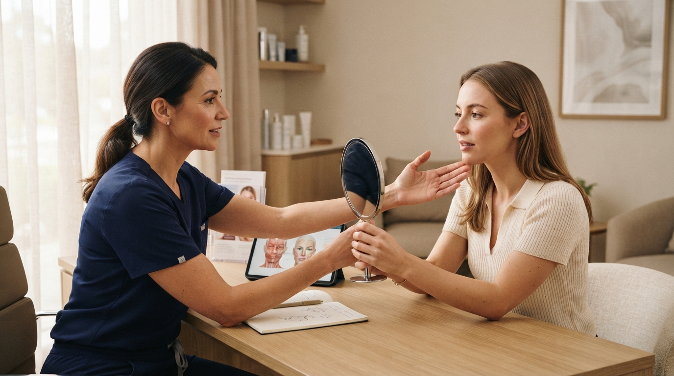 A clinician discusses facial contouring goals with an adult patient in a bright consultation room, using a handheld mirror face contouring fillers