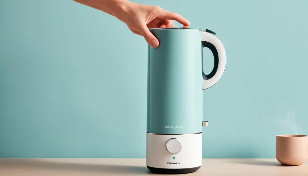 Mint green travel kettle on a pale counter beside a small cup