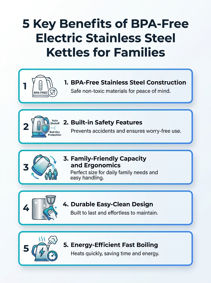 Infographic of 5 key benefits of BPA-free electric stainless steel kettles for families.