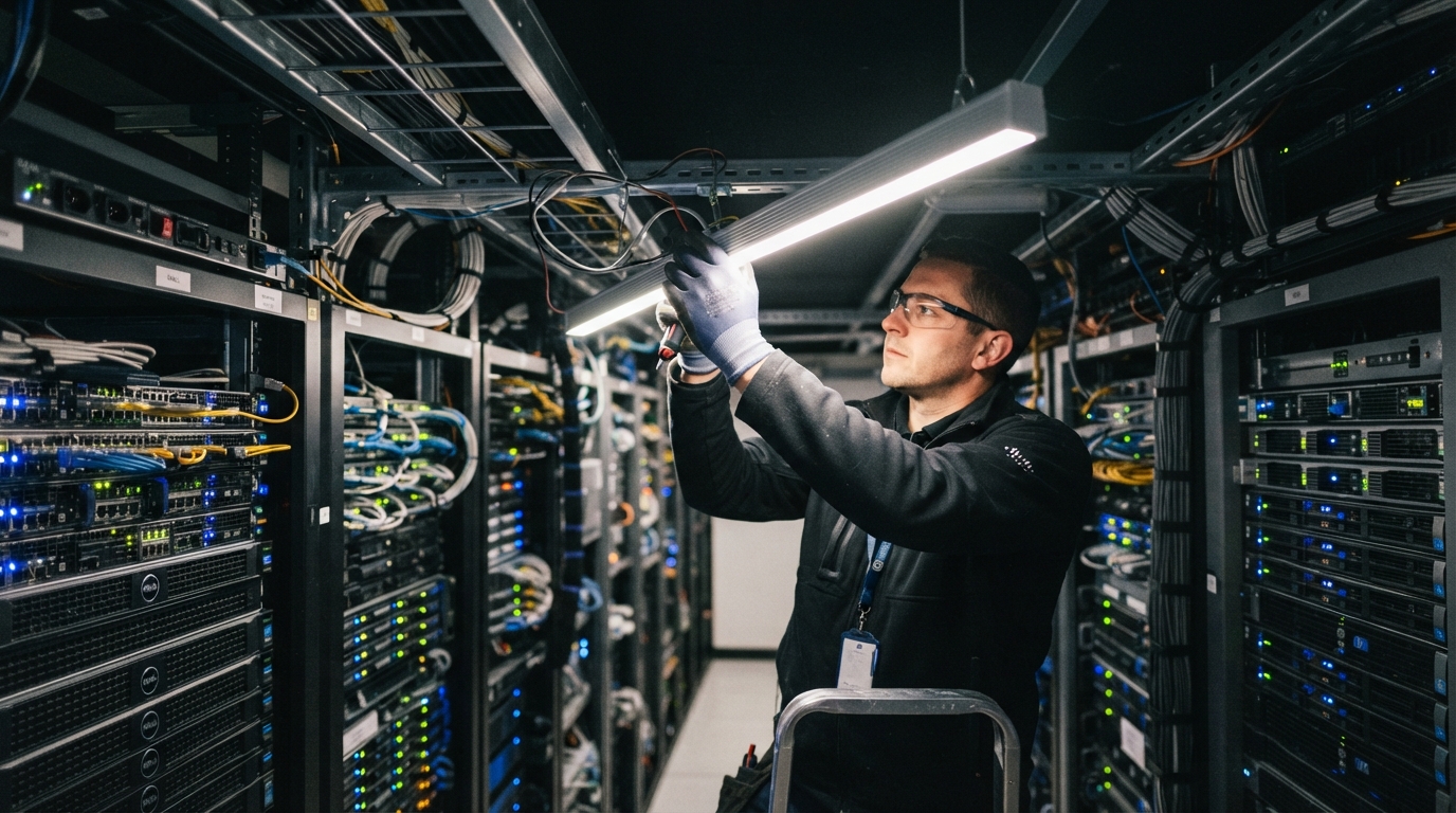 A close-up shows a gloved electrician positioning a slim linear LED fixture above server racks in a data center aisle.