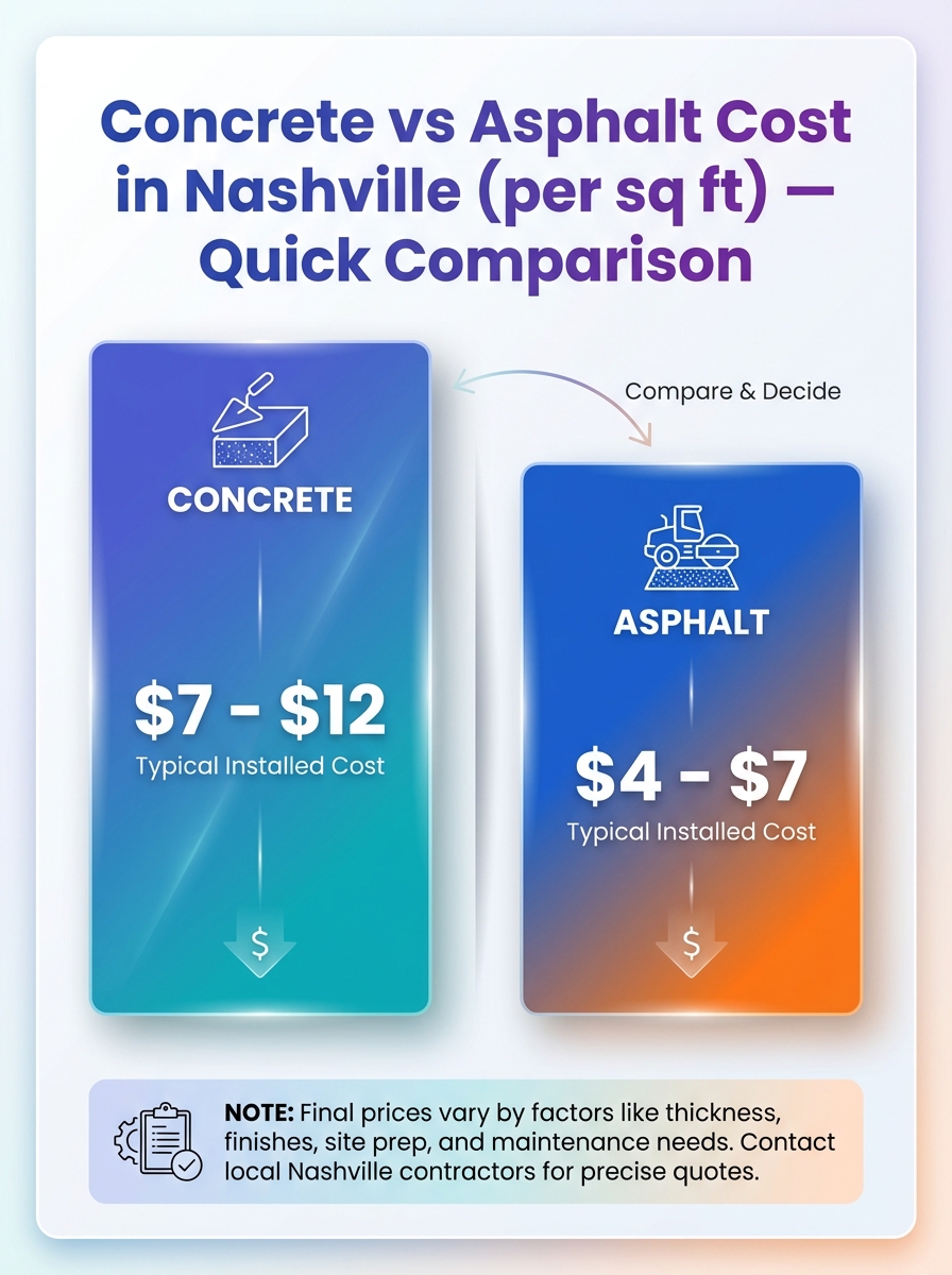 Concrete vs asphalt cost Nashville: infographic comparing concrete vs asphalt cost nashville per sq ft for quick comparison.