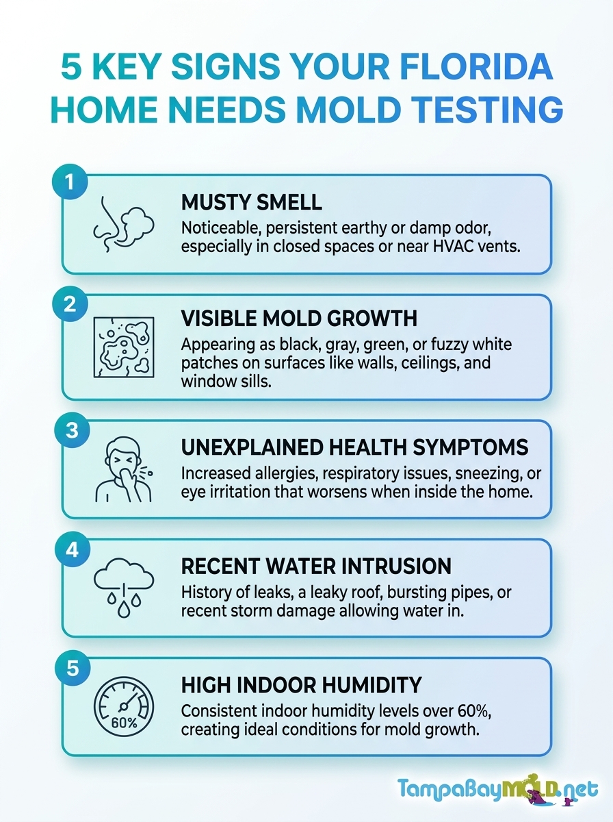 Infographic: five key signs your Florida home needs mold testing—musty odor, visible mold, water damage, high humidity.