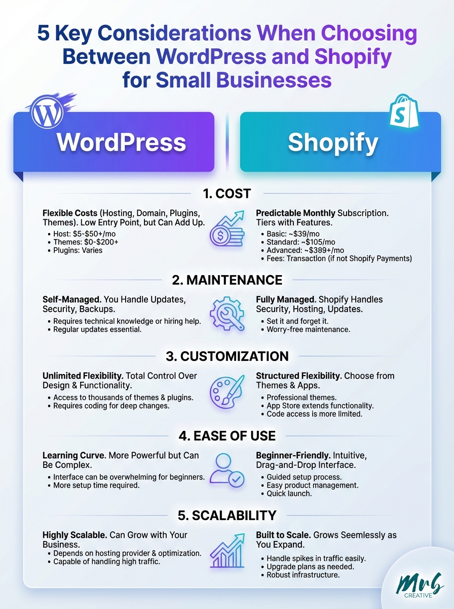 Infographic comparing WordPress vs Shopify for small business: 5 key considerations for choosing between platforms.