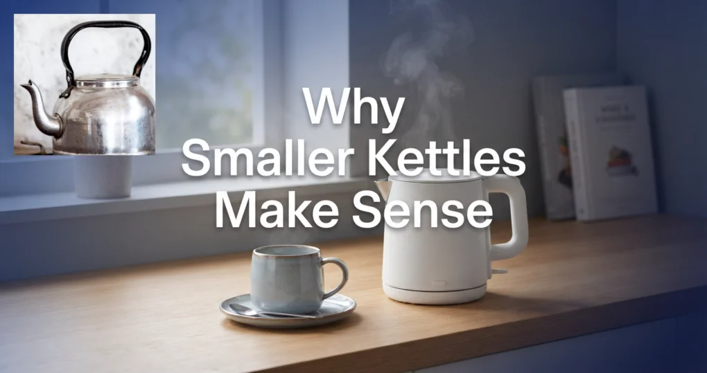 A compact electric kettle and cup on a wooden counter