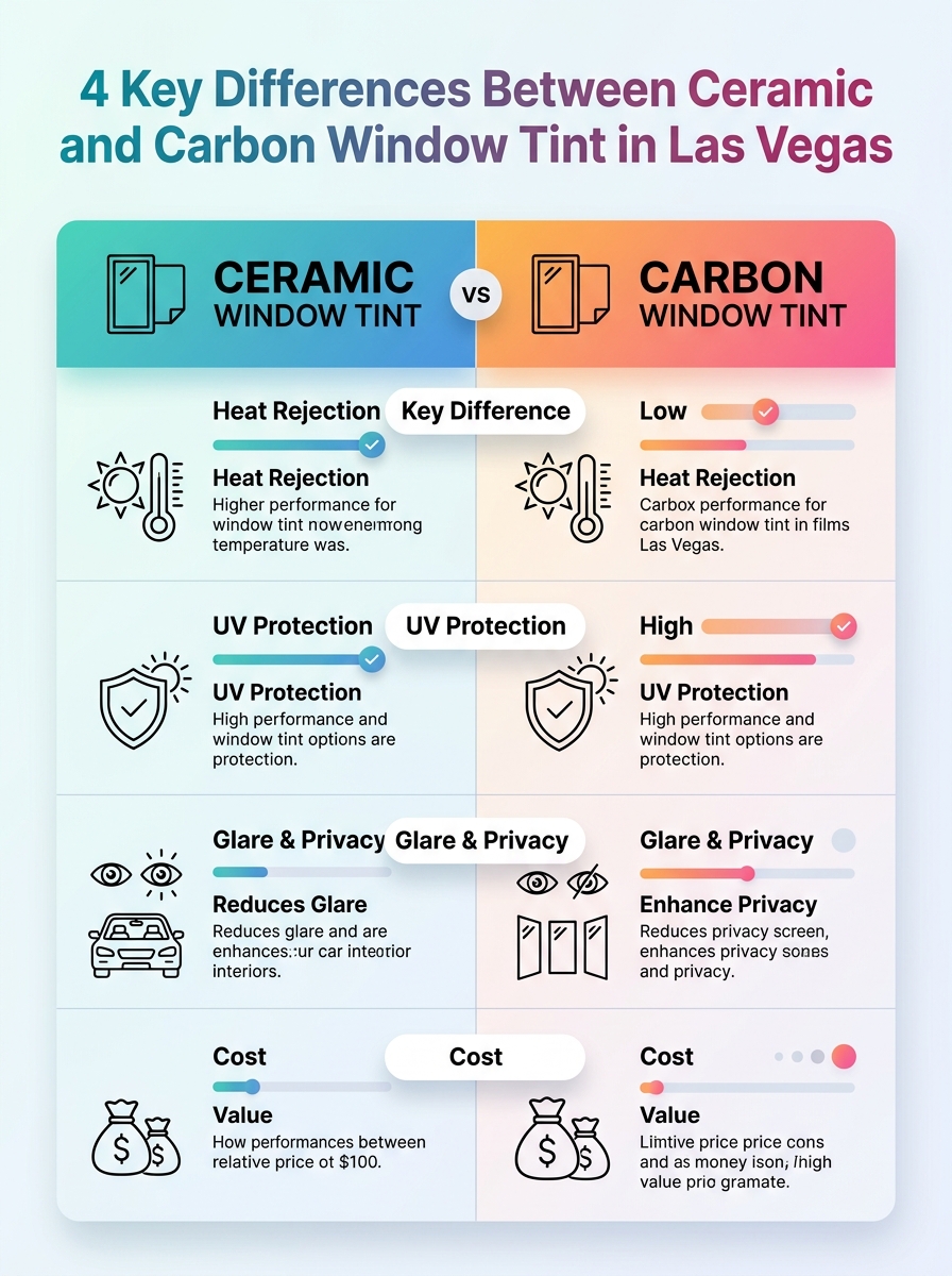 Infographic showing 4 key differences between ceramic and carbon window tint in Las Vegas (ceramic vs carbon tint vegas)