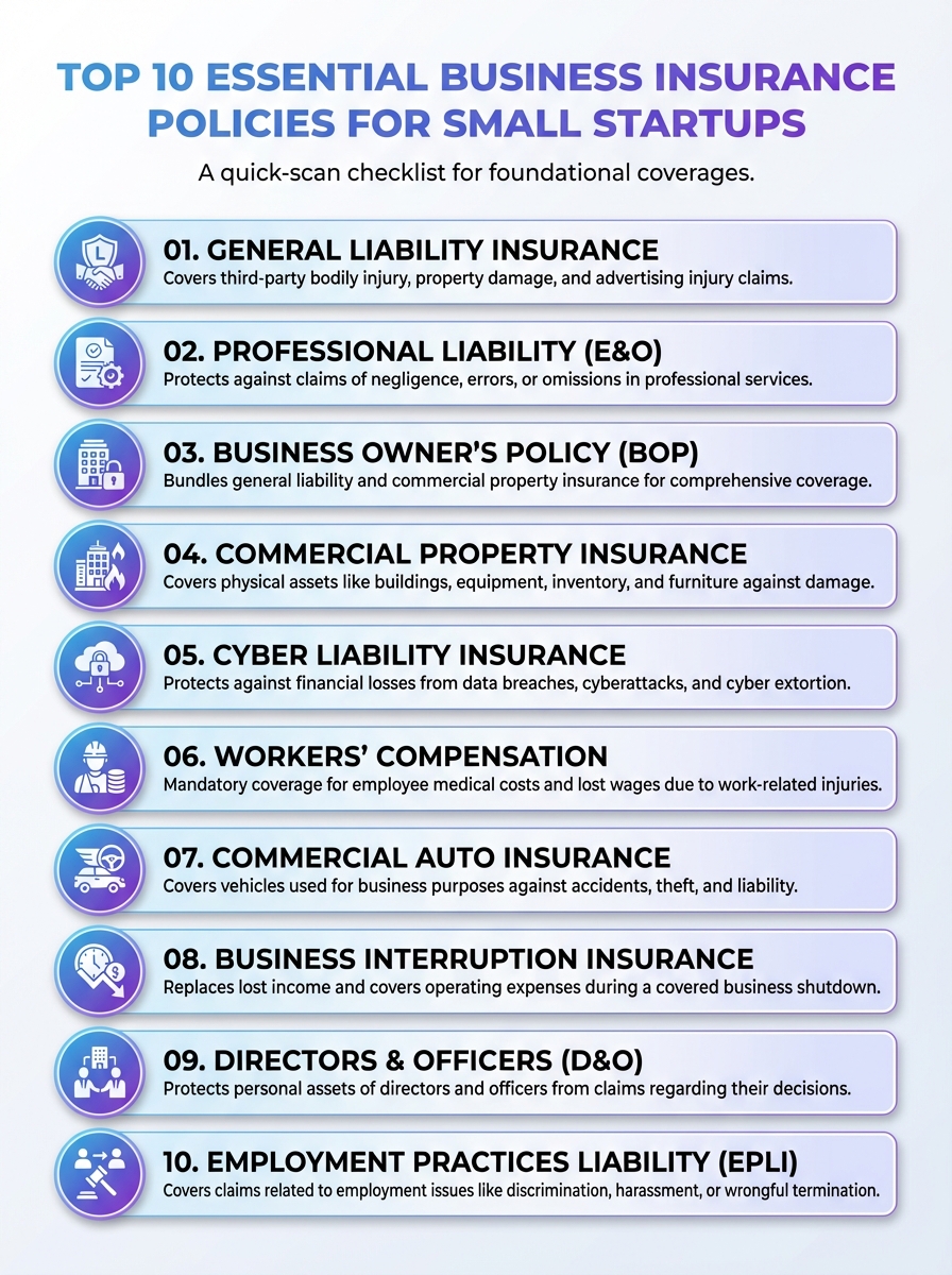 Top 10 Essential Business Insurance Policies for Small Startups infographic: overview of policy types and coverage tips.