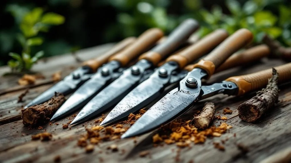 Pruning tools on an outdoor table among wood shavings
