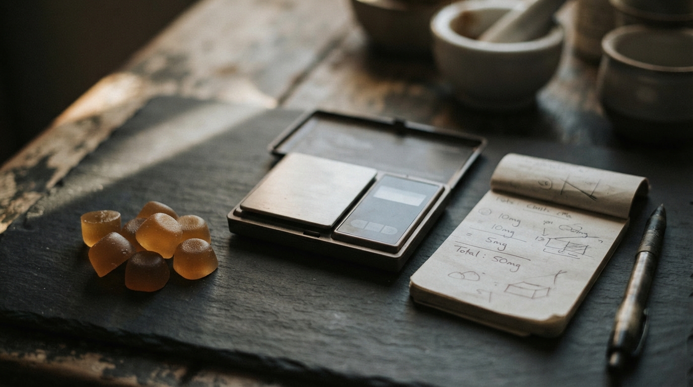 Plain gummy sweets sit beside a pocket scale and handwritten portion notes on a dark slate surface, lit by a narrow beam of