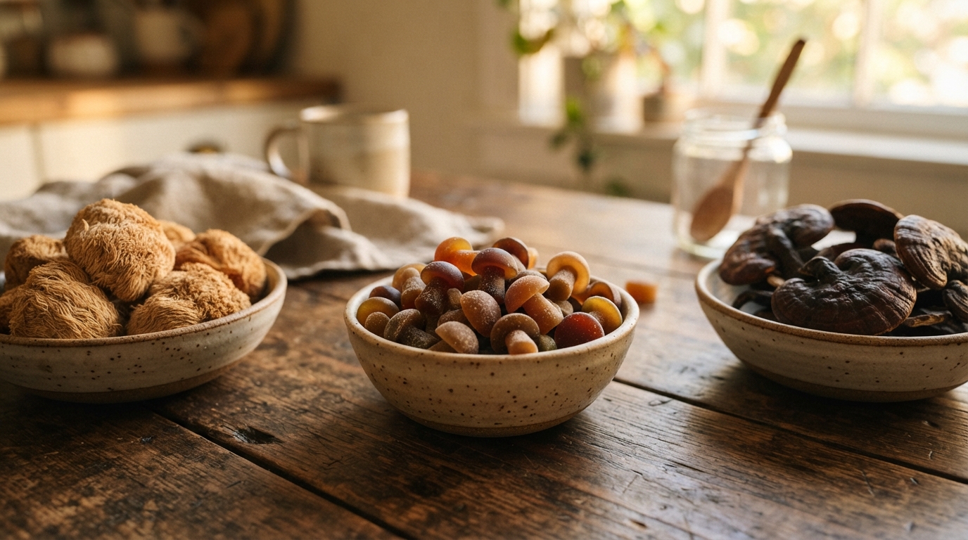 Amber morning light illuminates mushroom-shaped supplement gummies beside bowls of dried lion’s mane and reishi on a rustic
