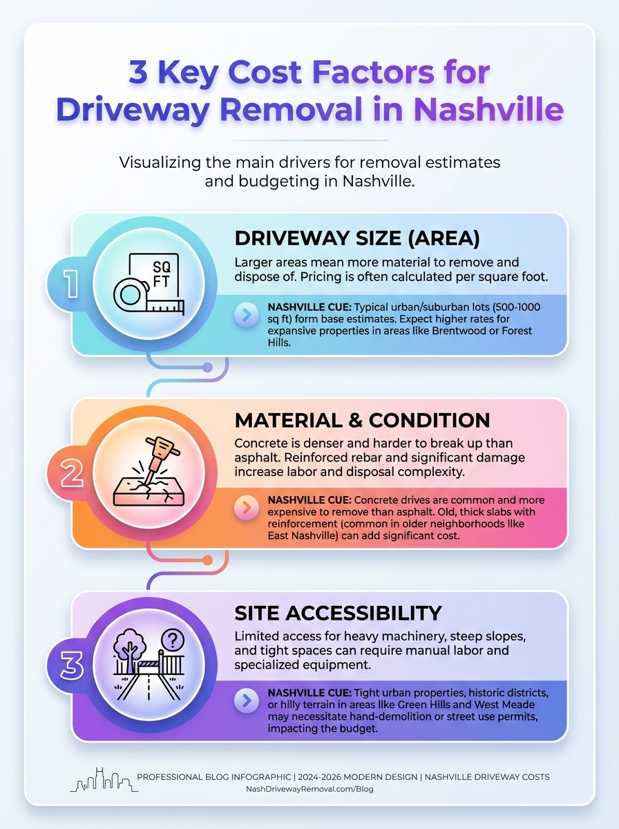 Infographic visualizing 3 key factors affecting driveway removal cost in Nashville, materials, permits, and disposal.
