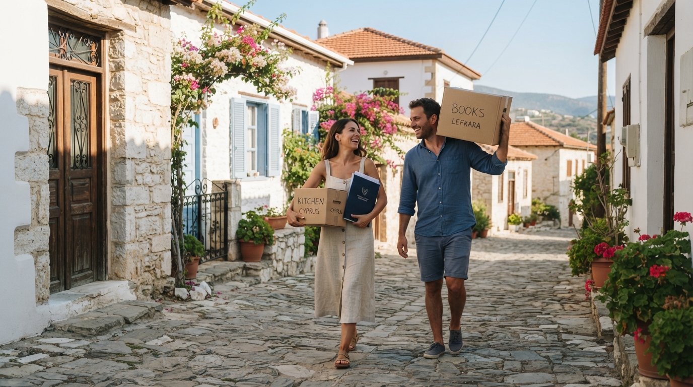 A couple walks through a quiet Cypriot neighborhood carrying moving boxes, with a residence permit folder visible beneath