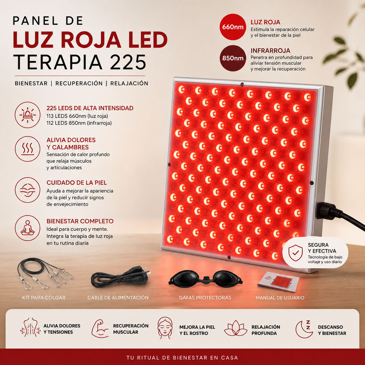 Panel de Terapia de Luz Roja LED 225 – Ritual de meditación