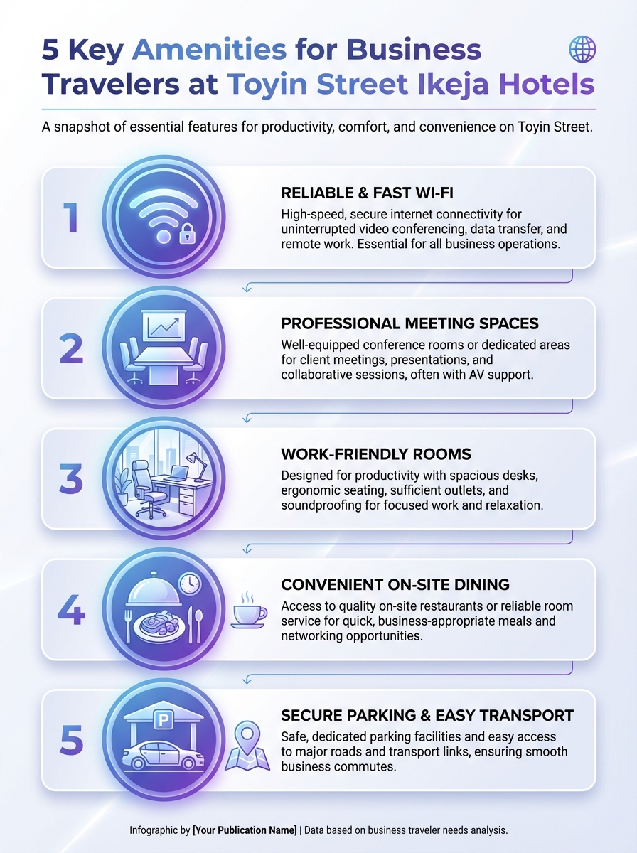 Infographic showing 5 key amenities for business travelers at best hotels on Toyin Street Ikeja.