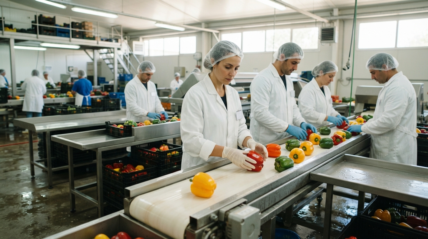 Workers inspect fresh produce moving along a stainless-steel packing line inside a bright regional food processing facility.