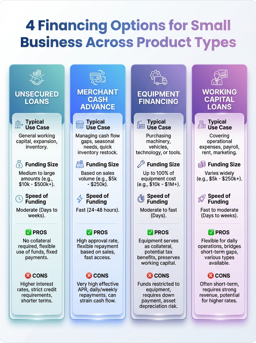 Infographic: 4 financing options for small businesses across product types; Choosing the Right Small Business Financing.