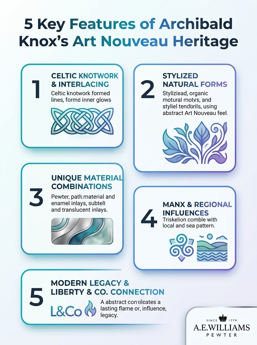 Infographic outlining the 5 key features of Archibald Knox's Art Nouveau heritage.