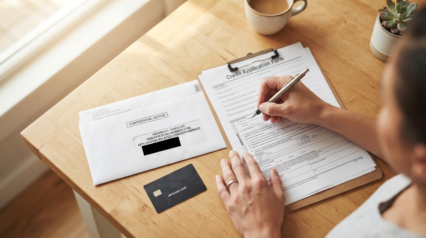 Overhead view of hands completing a credit application beside a masked ITIN notice and secured credit card on a sunlit