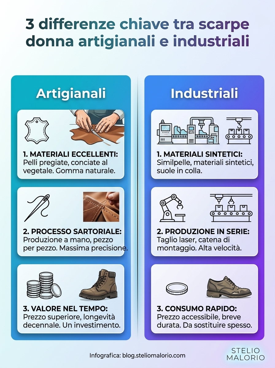 Infografica: 3 differenze chiave tra scarpe donna artigianali e industriali.