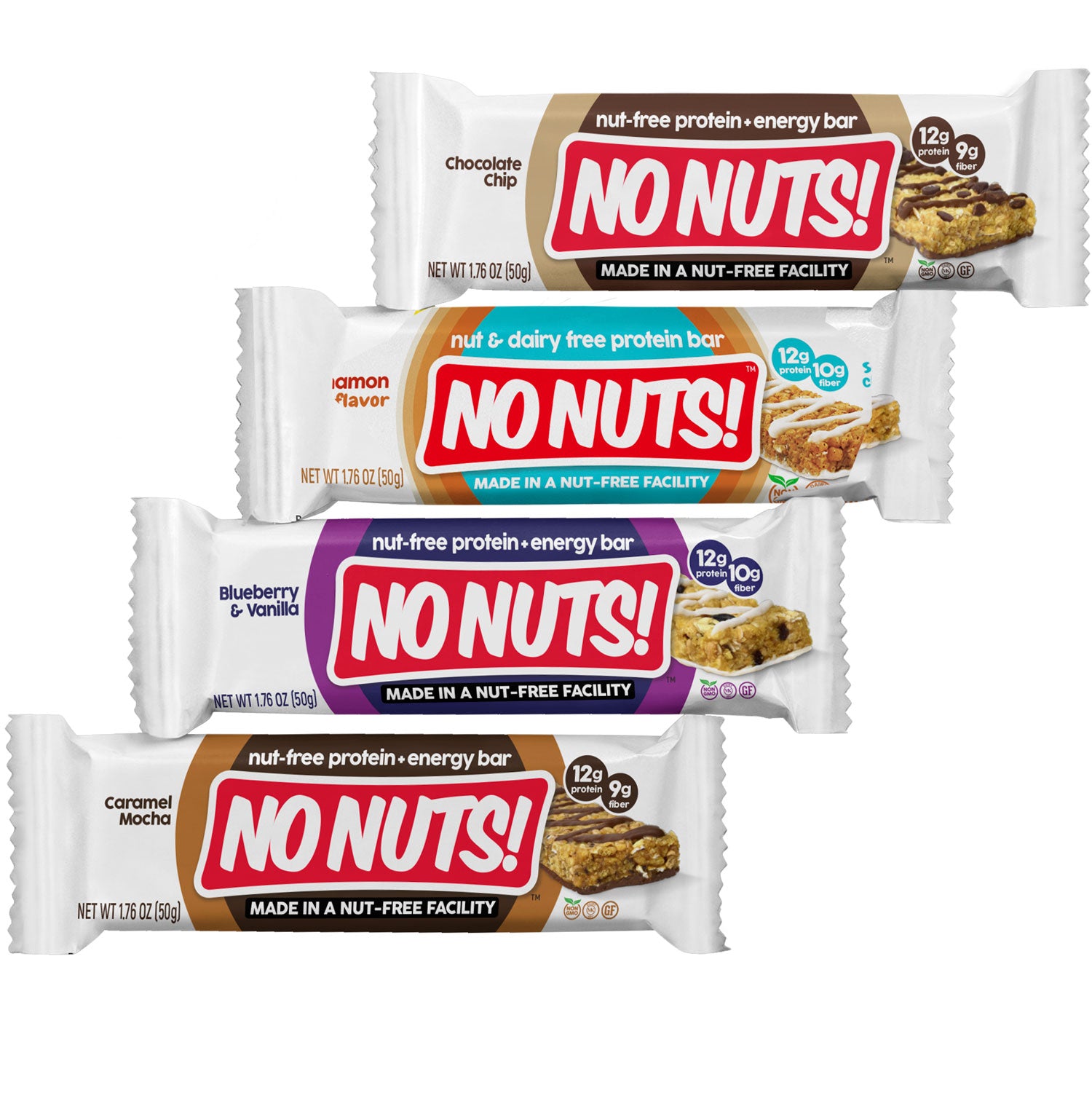 No Nuts! 4-Pack Sampler - Chocolate Chip, Cinnamon Roll, Blueberry Vanilla and Caramel Mocha