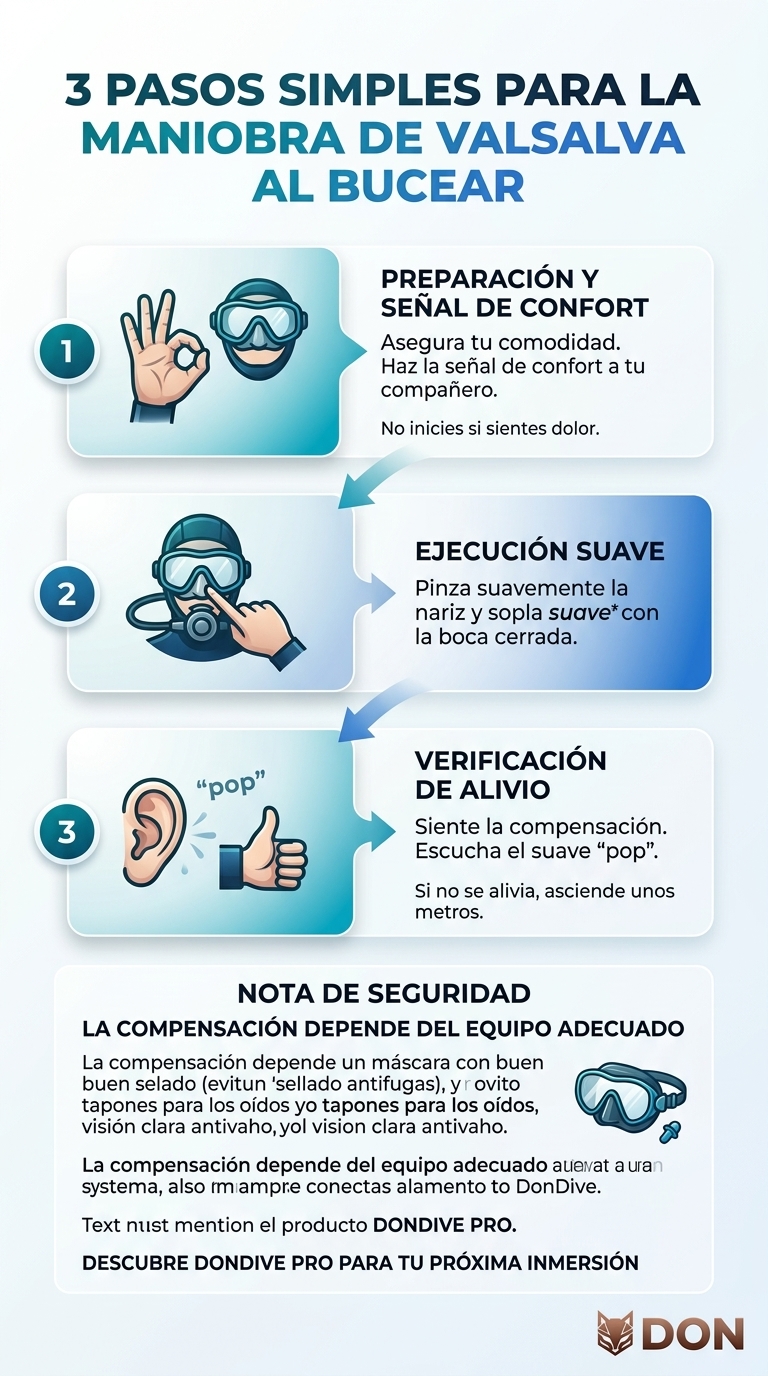 Infográfico: maniobra de Valsalva para compensar los oídos al bucear, 3 pasos simples.