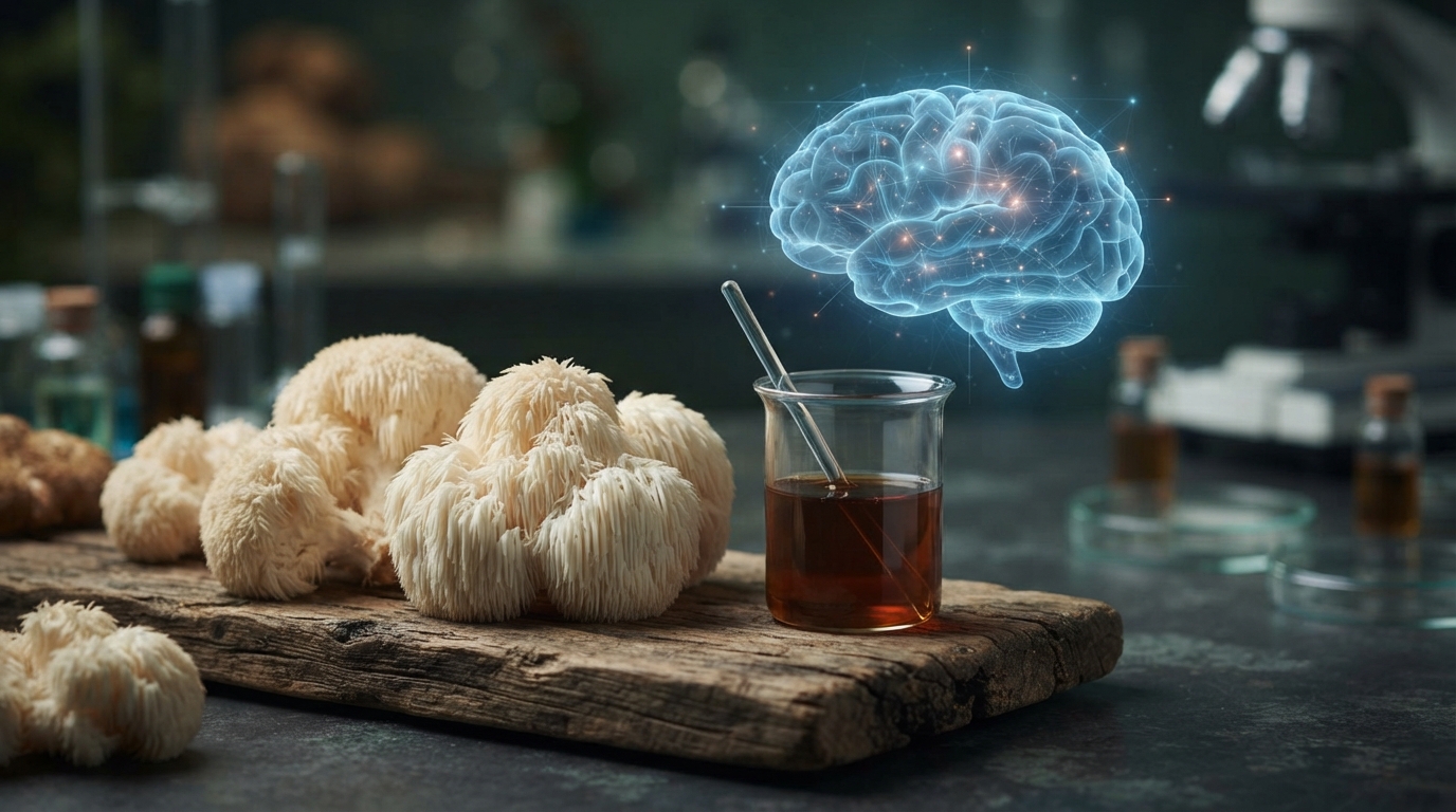 Lion's Mane mushroom illustration showing cognitive benefits