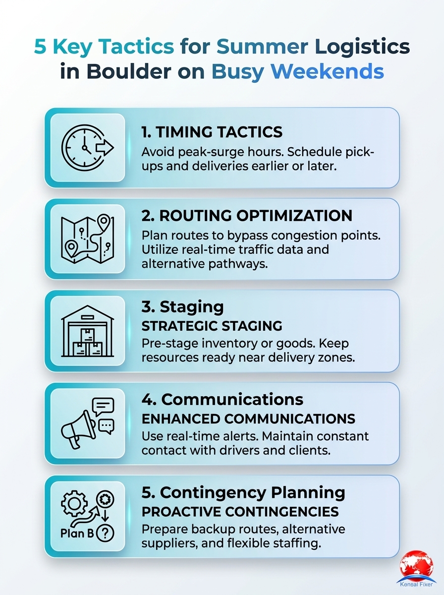 Infographic visualizing 5 tactics for summer logistics in Boulder on busy weekends (summer logistics, Boulder, busy weekends, 5 tactics)