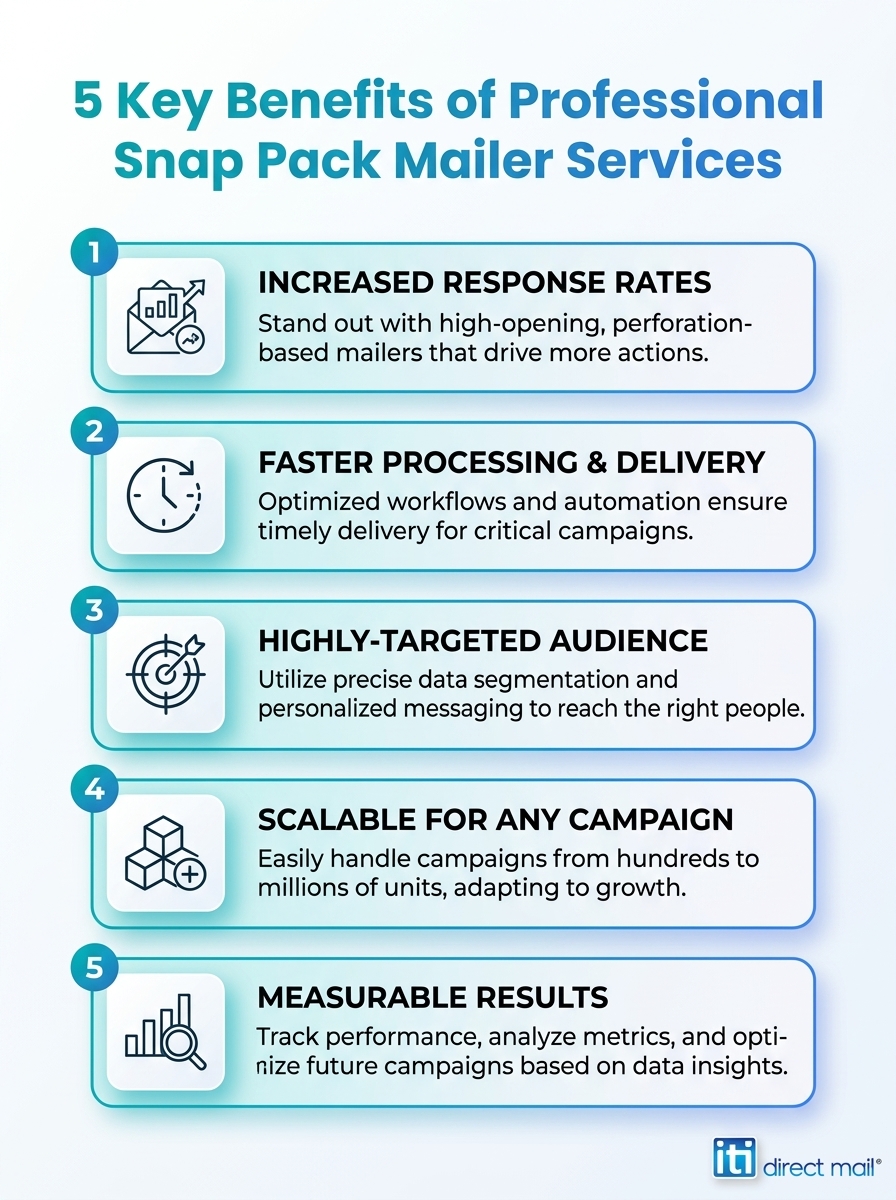 Infographic illustrating five key benefits of Professional Snap Pack Mailer Services to boost high response rates.